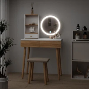 Makeup Vanity Table Set Dresser Desk w/ 3 Color LED Lighted Mirror Shelves&Stool - Picture 1 of 7