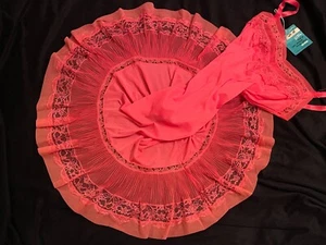 New Vtg Gorgeous CHIFFON PLEATED Full Slip Dress Nylon Lace Pink/Coral/Orange 34 - Picture 1 of 7