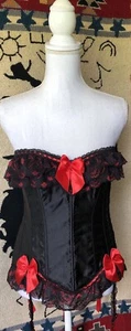 Super Sexy Corset Bustier Top Black Red Satin Lace-Up Emo Mall Goth Gothic M - Picture 1 of 11