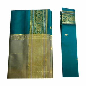 Brokat Sari beige petrolgrün Goldbrokat PORTOFREI Bindi Wickelkleid Polyester  - Bild 1 von 3
