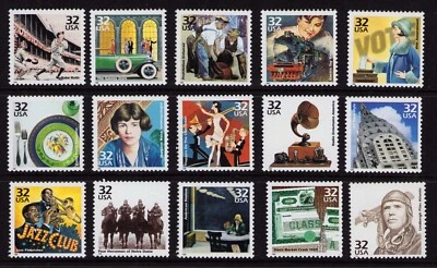 US Stamp Set 1920s Art Deco Gatsby Jazz Women's Voting Babe Ruth Notre Dame - Image 1 of 2