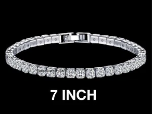 VVS Lab Simulated Diamond Mens Iced Solitaire Silver Tennis Chain Bracelet - Picture 1 of 2