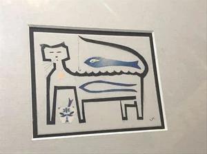 John Fandel gelistet Künstler Katze / Fisch Collage Mid Century Modernist gerahmte Kunst - Bild 1 von 11