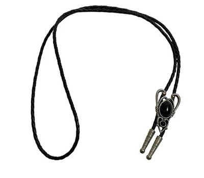 VTG Domed Black Onyx ? Silvertone Bolo Tie Braided Leather Cord  Western Cowboy - Image 1 of 4