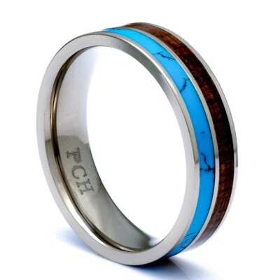 Hawaiian Koa Wood Ring With Turquoise Inlay, Titanium 6mm Comfort Fit Band - Image 1 of 4