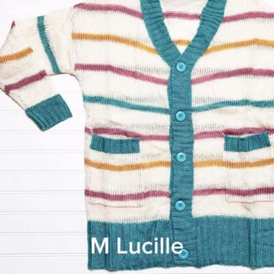 LuLaRoe M LUCILLE SWEATER CARDIGAN AQUA PINK YELLOW STRIPES OVERSIZED POCKETS - Image 1 of 4