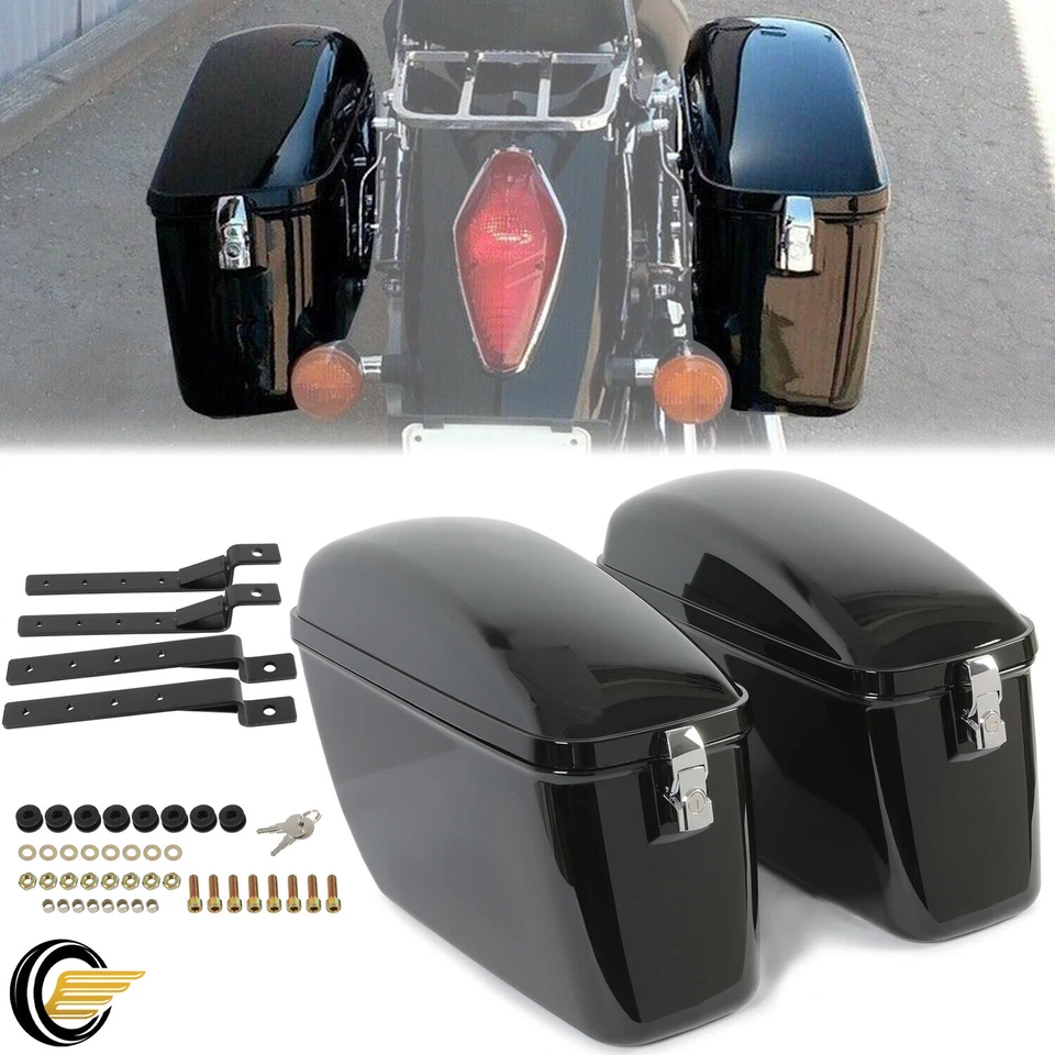 Black Large Hard Saddle Bags For Motorcycle Kawasaki Vulcan 1500 Cruiser Trunk - Image 1 of 4