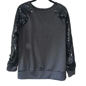 Black Sequin Sleeve Sweatshirt Pullover Party Evening Casual Glam Top A12 - Picture 1 of 5