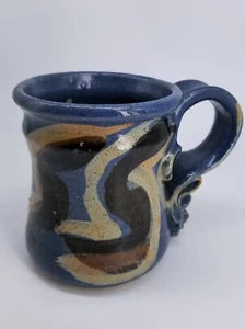 VINTAGE GEOMETRIC ART HANDMADE MUG CERAMIC.STUDENT ART. SIGNED.NAVY,BROWN,BEIGE. - Picture 1 of 9