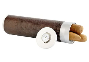 Cigar Travel Humidor Tube Leather Metal w Hygrometer Humidifier Brown Lizard - Picture 1 of 2