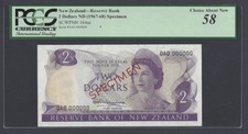 New Zealand Two Dollars 1967-68 P164as Specimen About Uncirculated