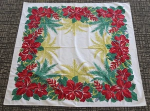 Vtg MCM Simtex Floral Cotton Tablecloth Hawaiian Red Hibiscus Flowers 45 x 51 - Picture 1 of 7