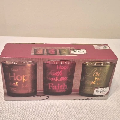 San Miguel Set of 3 Votive Reflective Candle Holders Hope Faith Love NEW - Image 1 of 4