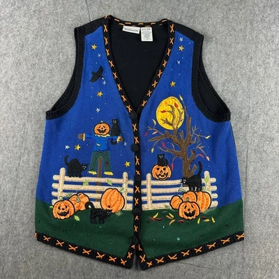 90s Basic Editions Women XL Halloween Vest Scarecrow Pumpkin Black Cat Moon Knit - Image 1 of 4