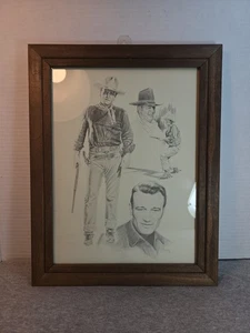 VTG GLEN FORTUNE BANSE John Wayne Pencil Sketch Drawing w/ Wood Frame 1975 - Picture 1 of 8