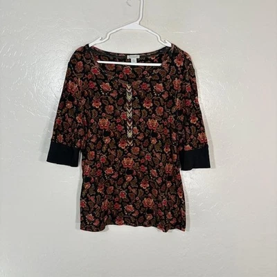 Camisa Sundance Mujer XL Negra Roja Floral Manga 3/4 Boho Bordada Algodón Foto 1 de 4