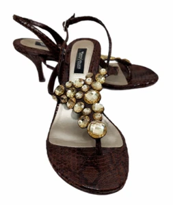 White House Black Market Kamryn Brown Leather Snakeskin Heels Jewel Strap Size 7 - Picture 1 of 8