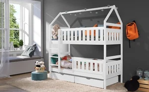 Etagenbett 90x180 Bett Kinderbett mit Dach Hausbett Stockbett WEIß inkl.Matratze - Bild 1 von 11