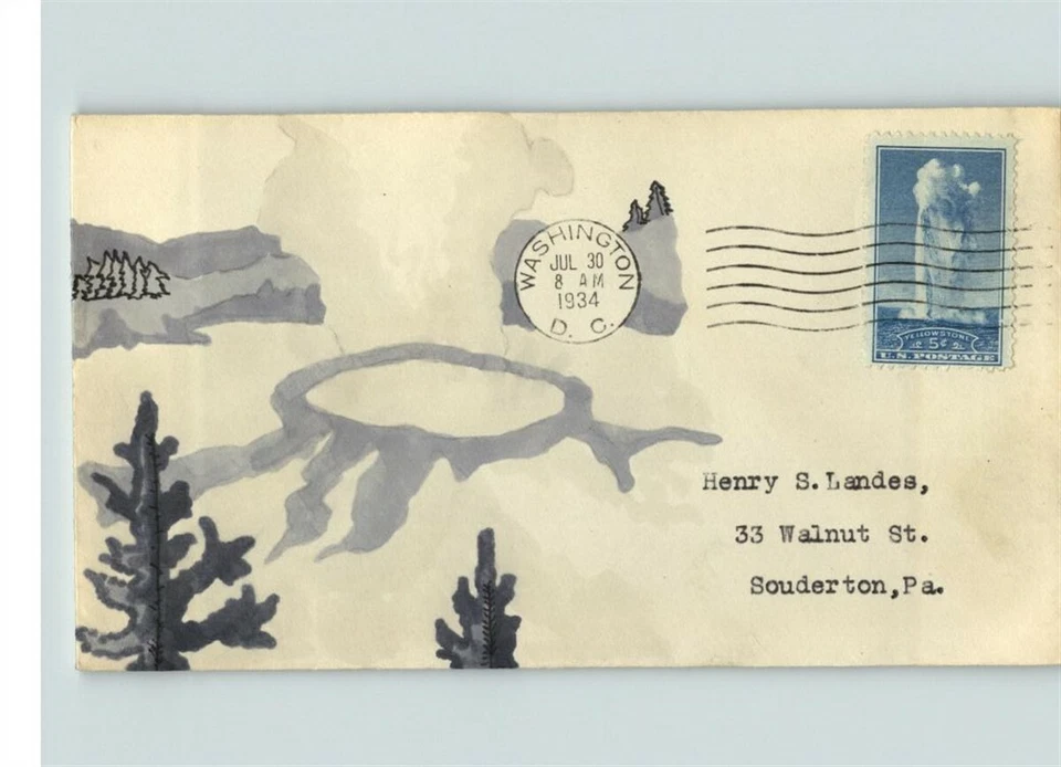 YELLOWSTONE National Park, pic Old Faithful, Hand painted 1934 First Day of Issu - Image 1 of 1