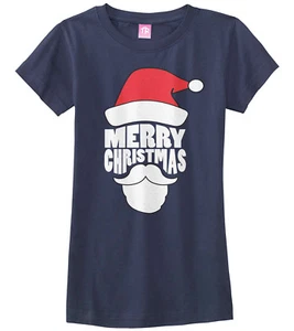 Merry Christmas Santa Claus Face Girls Fitted T-Shirt Holiday Gift - Picture 1 of 10