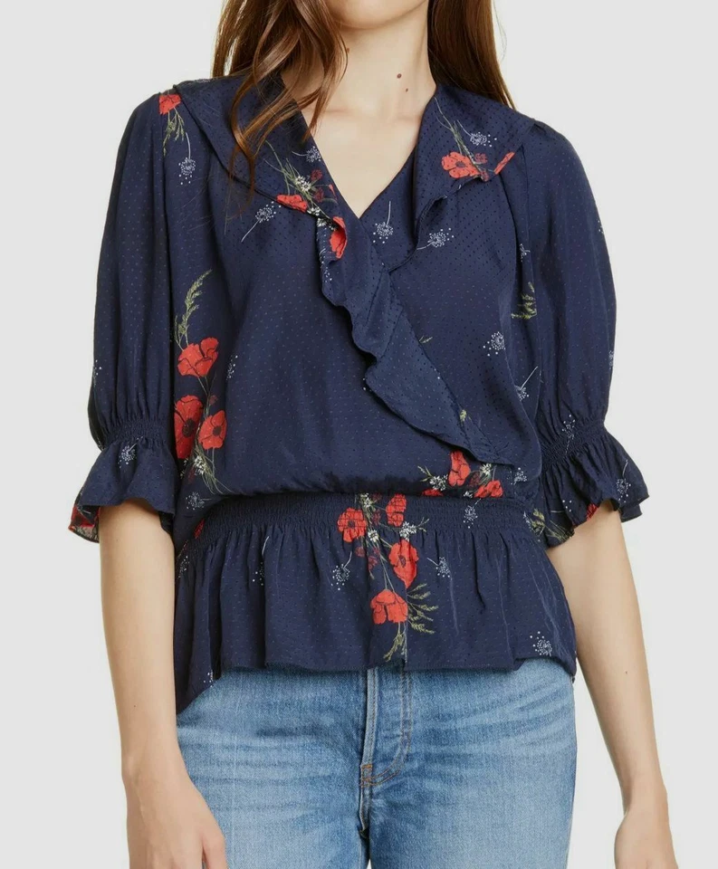 Joie Women's Blue Floral V-Neck Ruffle Sleeve Casual Blouse Top Size XS