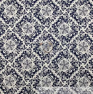 BonEful FABRIC Cotton Quilt White Navy Blue Damask Heart Flower Garden VTG SCRAP - Picture 1 of 13