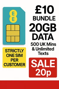 1 x carte SIM EE Royaume-Uni Pay As You Go pack de 10 £ 20 Go de données + minutes + SMS Mini - VENTE 20p - Photo 1 sur 13