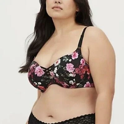  Новый Torrid женщин Sz 40DDD пуш-ап погружения бюстгальтер цветочный на косточках черный розовый новый с Ярлыками - Изображение 1 из 4