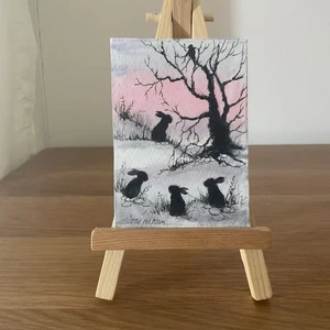Aceos Original Painting By Toni Rabbits out by the old oak tree - Picture 1 of 1