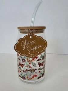 10 Strawberry Street “Butterfly” 15 Oz Glass Tumbler-Bamboo Lid And Straw-NWT! - Picture 1 of 5