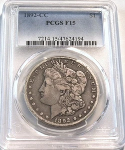1892 CC $1 PCGS F 15 Morgan Silver Dollar, Better Semi KEY Date Carson City Coin - Picture 1 of 4