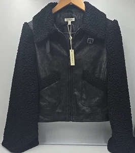 NWT Max Studio Feathered LONDON Sherpa Leather Jacket With Fur Large - Picture 1 of 9