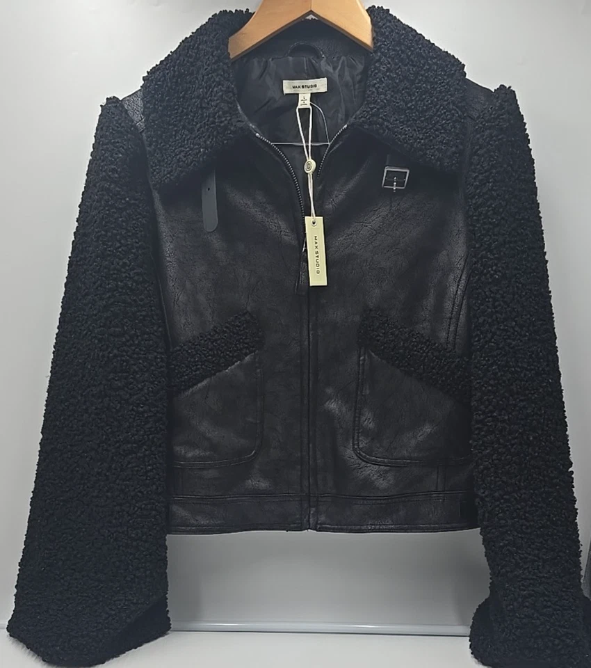 NWT Max Studio Feathered LONDON Sherpa Leather Jacket With Fur Large - Image 1 of 4