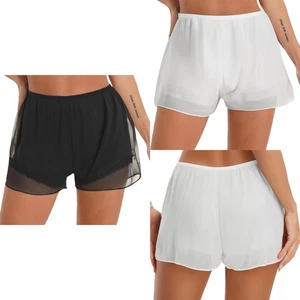 Damen Satin Shorts 2 Lagige Bloomers Shorty Kurze Spitzen Nachtwäsche Unterhosen - Picture 1 of 39