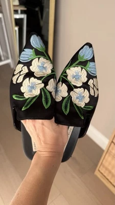 Zapatos para mujer Zara TRF Mules deslizables planos floral azul verde negro satinado talla 38 US7 Foto 1 de 3
