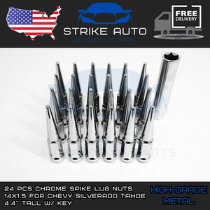 24 PCS Chrome Spike Lug Nuts 14x1.5 For Chevy Silverado Tahoe 4.4" Tall w/ Key - Picture 1 of 2