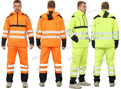 Mens Hi Vis Rainsuit Hooded Waterproof Workwear Jacket Trousers 2 PCS Set S-2XL - Image 1 of 4