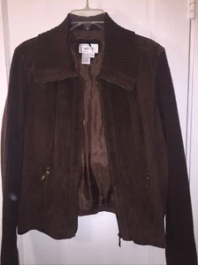 LIVE A LITTLE  Brown Suede Jacket With Ribbed Knit Sleeves Women’s XL Zip Front - Picture 1 of 6