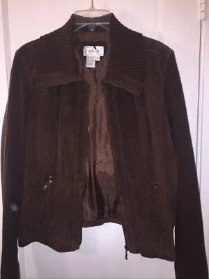 LIVE A LITTLE  Brown Suede Jacket With Ribbed Knit Sleeves Women’s XL Zip Front - Image 1 of 4