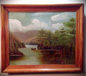 Beautiful Antique Oil Painting On Academy Board Rural Lake/River Scene - Picture 1 of 7