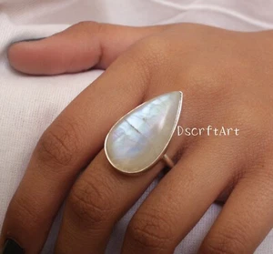 Anillo llamativo con forma de pera de piedra lunar, anillo hecho a mano de plata de ley 925 - Imagen 1 de 9