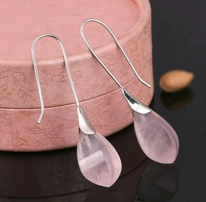 Rose Quartz lily Flower Hook Earrings 925 Sterling Silver Bridesmaid Earrings - Picture 1 of 5