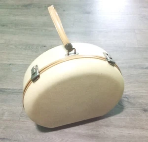 Vintage Round Hard Suitcase Hat Box Luggage 13" Cream With Beige Handle & Trim - Picture 1 of 10