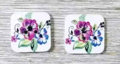 square wood buttons sewing 2 holes purple pink flower 1/2 inch new - Image 1 of 2