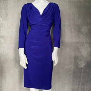Lauren Ralph Lauren Kleid 12 Damen blau Wasserfallausschnitt 3/4 Arm seitlich gerafft Party - Bild 1 von 20