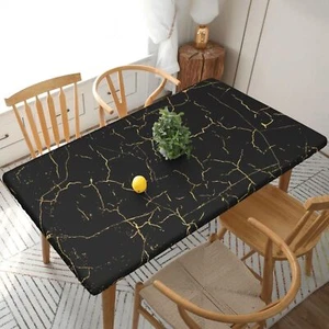 Black Marble Pattern Fitted Tablecloth Rectangle Elastic Edged Table Cover - Picture 1 of 6