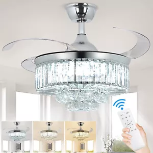 42" Modern Crystal Ceiling Fan Light Reversible LED Chandelier Fan Remote - Picture 1 of 7