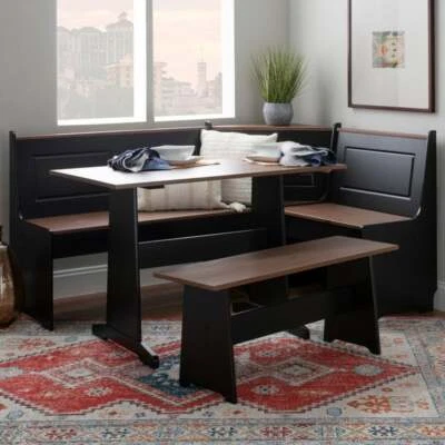 Farmhouse Style Corner Breakfast Dinette Set w/ Storage Bench - Black w/ Nat Top - Image 1 of 4