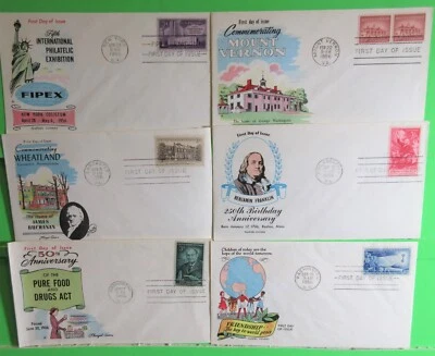 1956 FLUEGEL CACHET FDC LOT OF 6, UA, CLEAN, 1032, 1073, 1076, 1080, 1081, 1085 - Image 1 of 2
