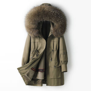Fox Fur Collar Hooded Women's Mid Length Rex Rabbit Fur Iinner Parka Coat Jacket